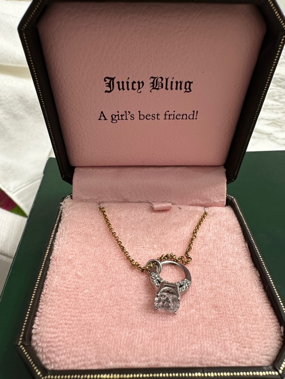 Juicy Couture Two-Tone Gold Chain Necklace with Silver Ring and Clear Stone